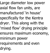 Large diameter low power axial flow fan units, are manufactured ‘in house’ specifically for the Kentra dryer. This along with the ‘mixed flow’ drying principle ensures maximum economy, minimum power requirements and even drying.